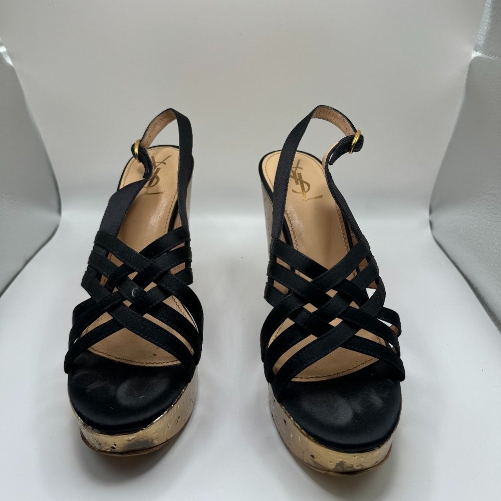 Saint Laurent Wedge Heel Sandals in Black Satin with Golden cork heel size 38